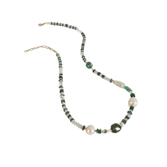 KAISLA Emerald + Freshwater Pearl + Quartz + Rainbow Moonstone + Tourmaline necklace, gold vermeil