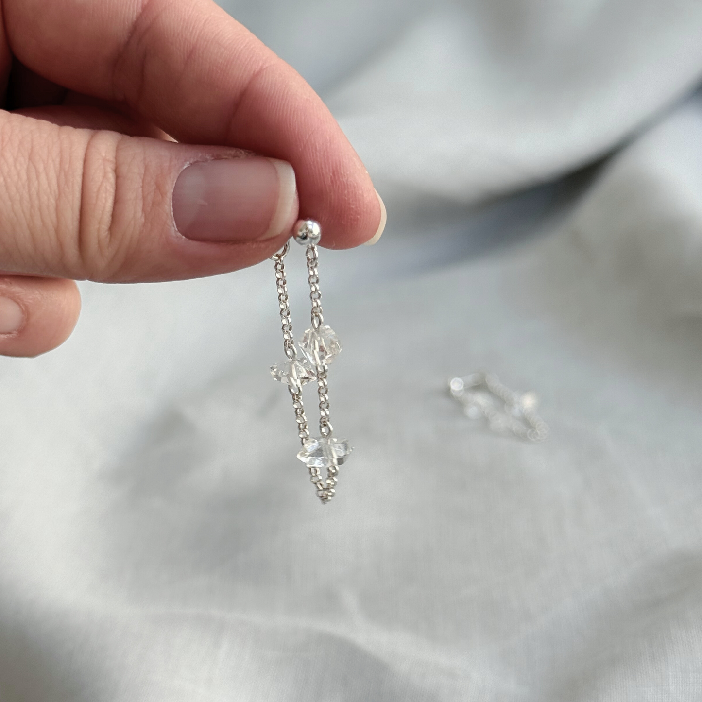 KIIA Herkimer Diamond Stud Earrings with Chain, Sterling Silver