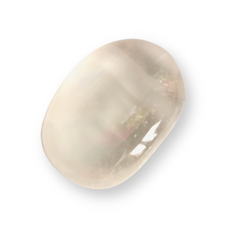 oval polished sheer with inclusions and rainbows within Optical Calcite palm crystal
