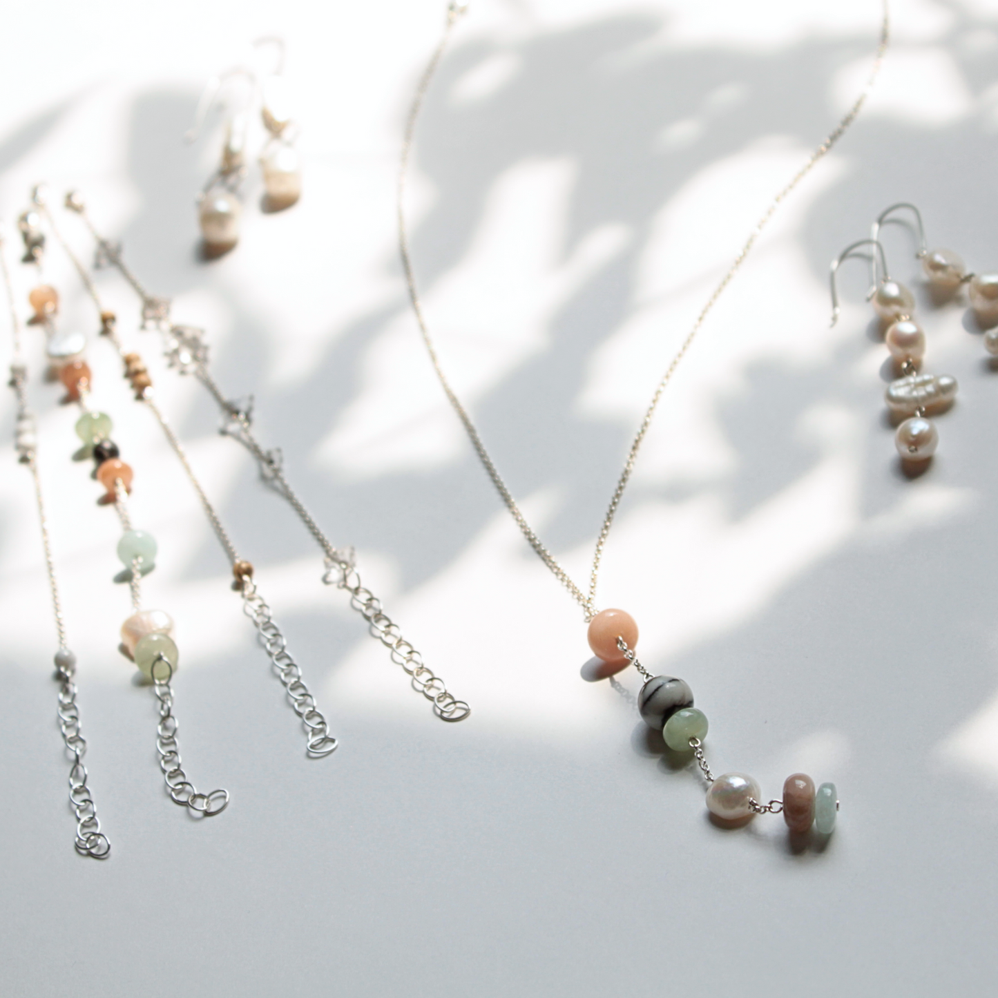 MILJA Aquamarine-Moonstone-Pearl-Picasso Jasper drop necklace, silver