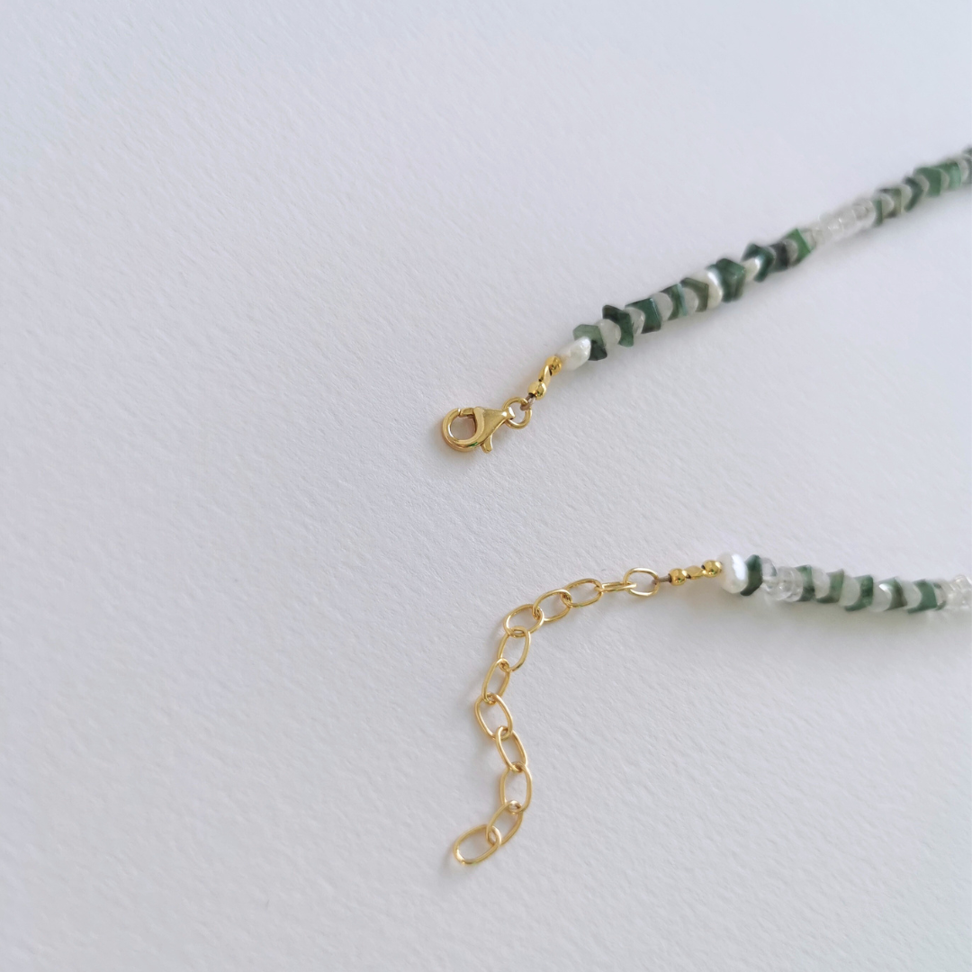 KAISLA Emerald + Freshwater Pearl + Quartz + Rainbow Moonstone + Tourmaline necklace, gold vermeil