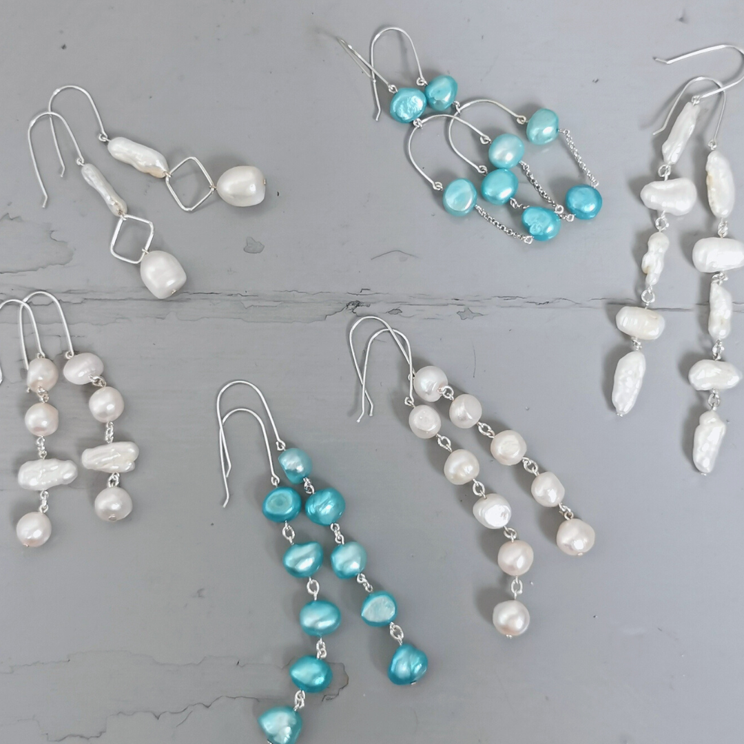 SILJA Blush - White Pearl statement drop earrings, silver