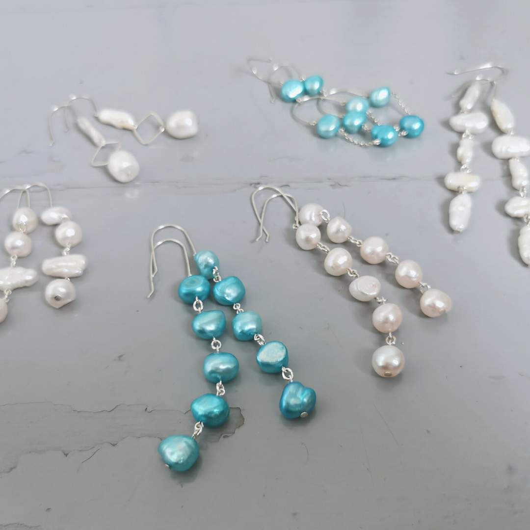 SALLA Turquoise Pearl geometric chandelier statement drop earrings, silver