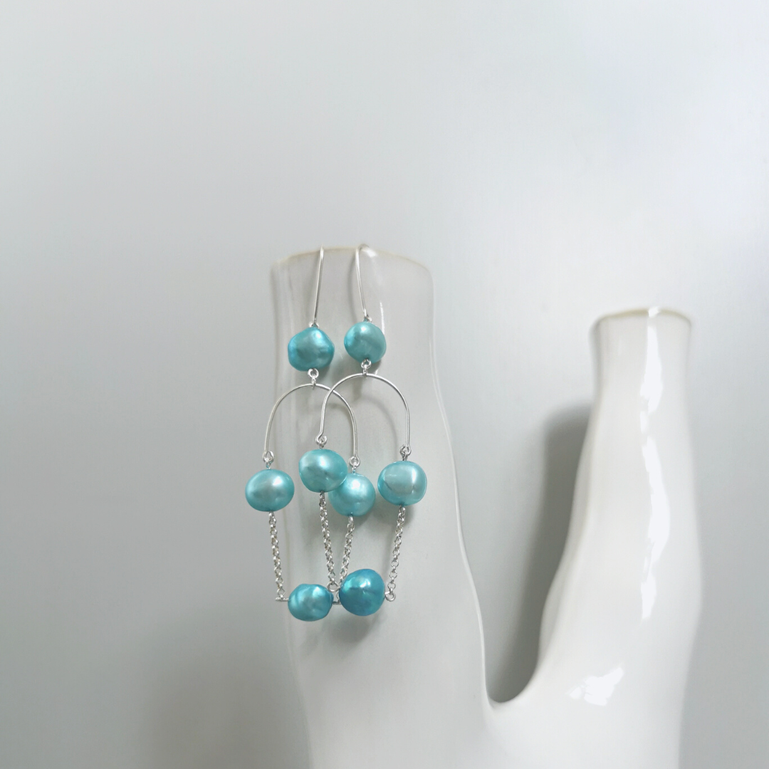 SALLA Turquoise Pearl geometric chandelier statement drop earrings, silver