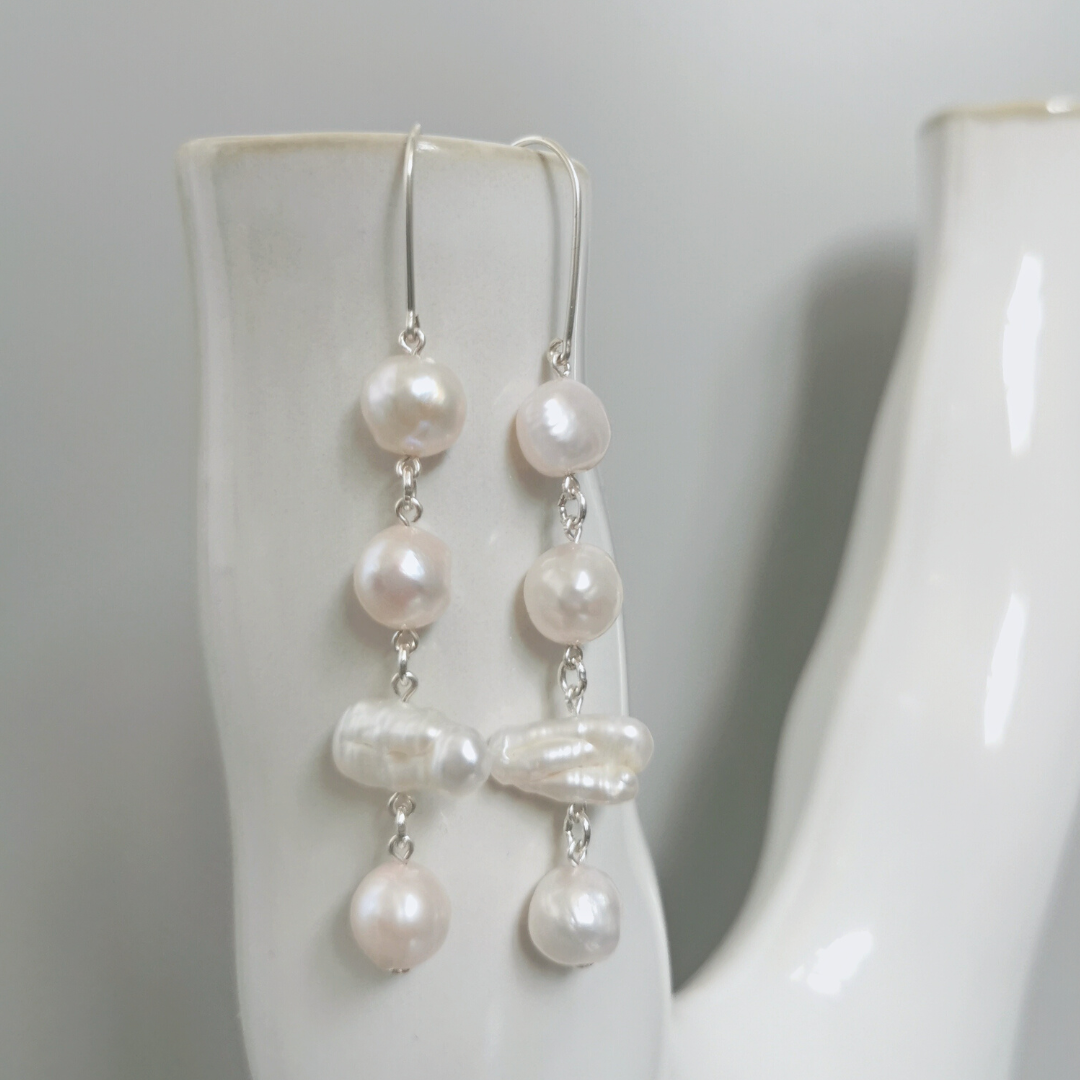 SILJA Blush - White Pearl statement drop earrings, silver