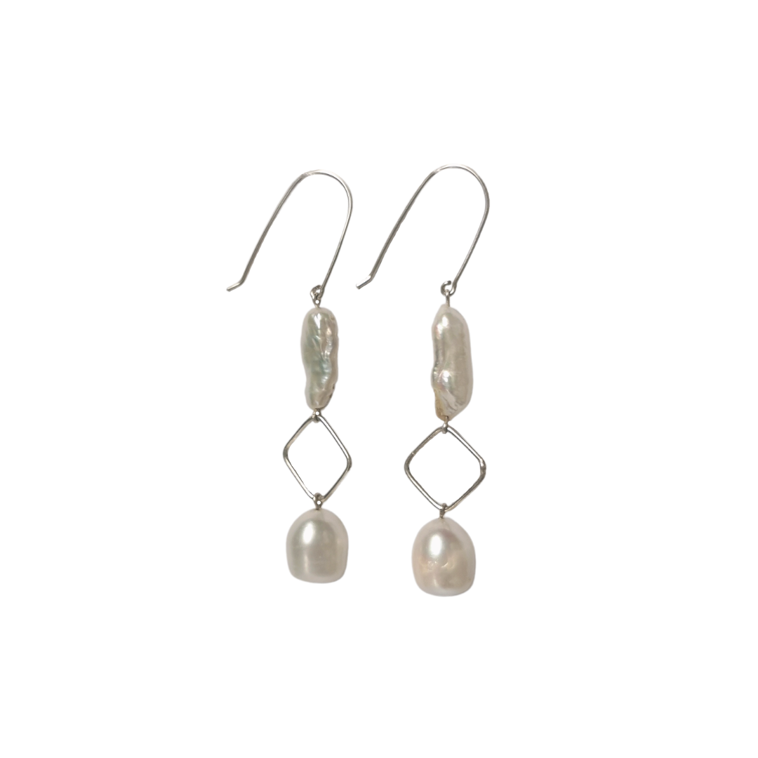 SILJA White Pearl geometric statement drop earrings, silver