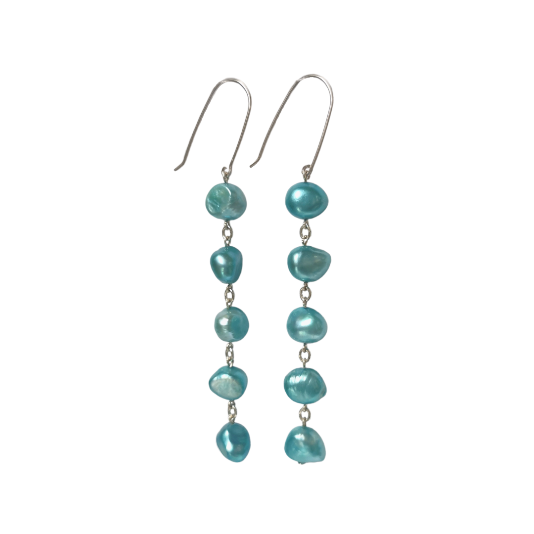 SALLA Turquoise Pearl long statement drop earrings, silver