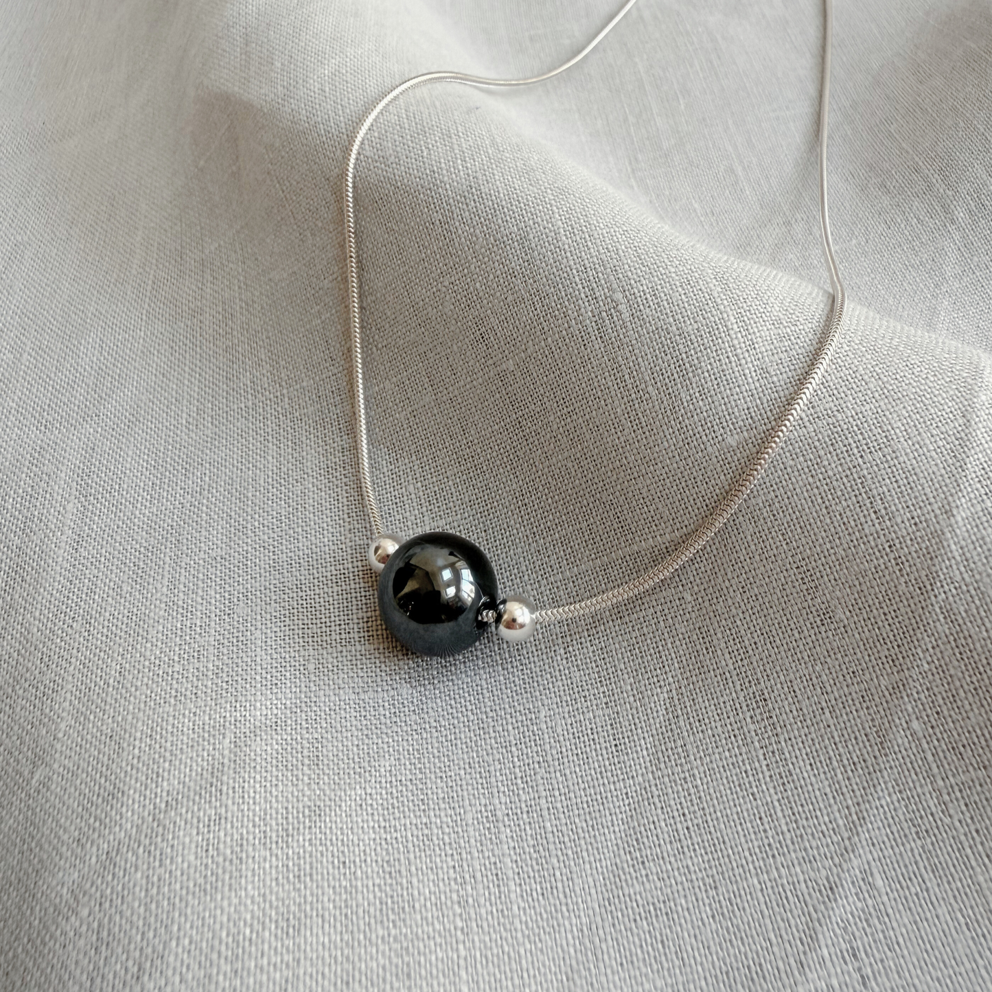 ANNI Bead Necklace with Hematite, Sterling Silver