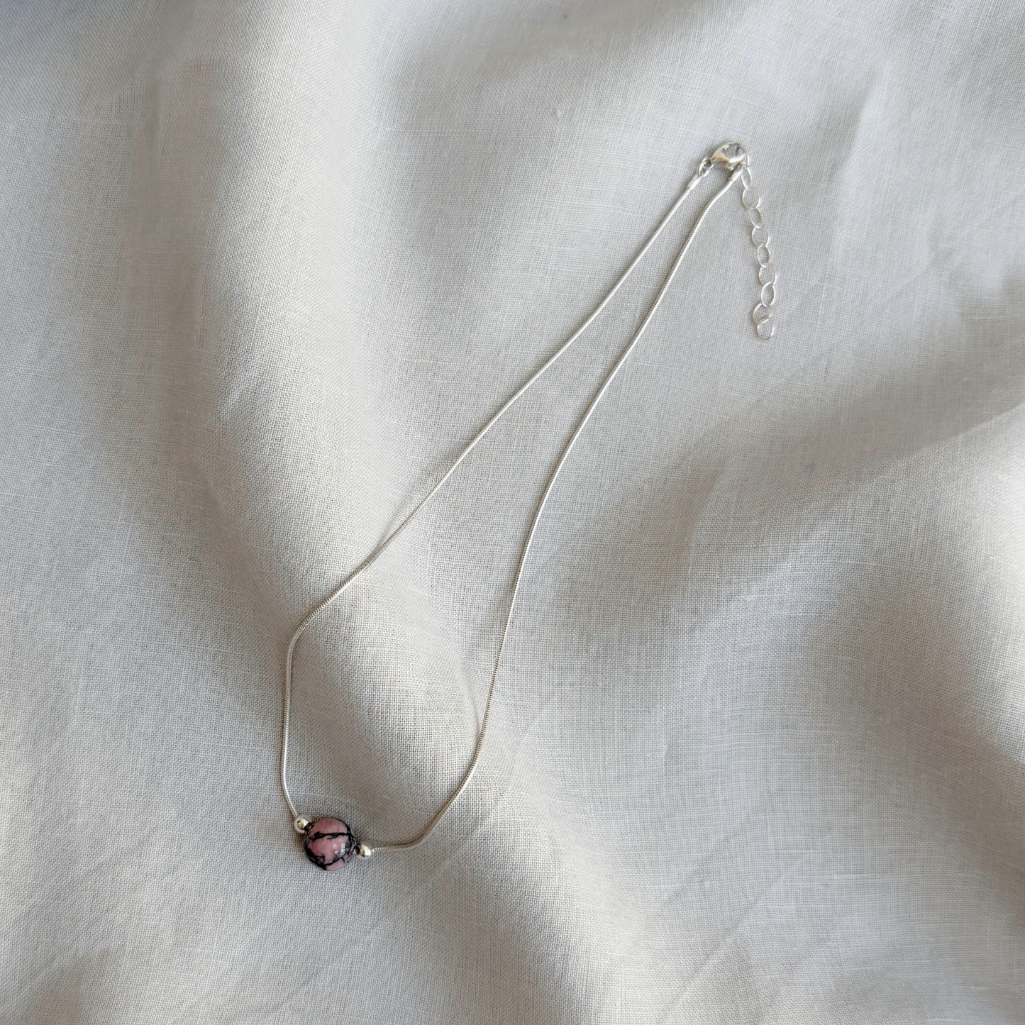 ANNI Bead Necklace with Rhodonite, Sterling Silver