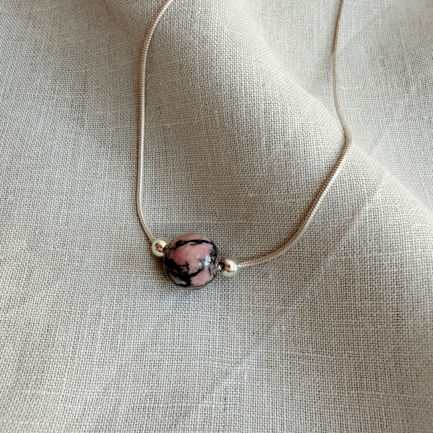 ANNI Bead Necklace with Rhodonite, Sterling Silver