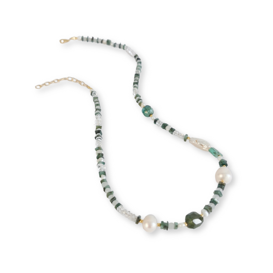 Asymmetrical Semiprecious Gemstone Bead Necklace with Emerald, Green Tourmaline, Clear Quartz, White Rainbow Moonstone, White Freshwater Pearls, Gold Vermeil Hardware and Extension chain