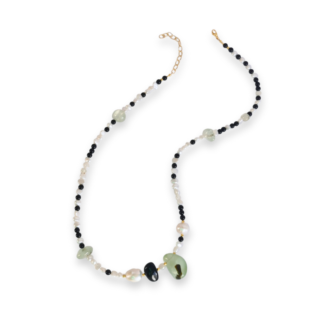 Asymmetrical Semiprecious Gemstone Bead Necklace with Green Prehnite, Black Onyx, White Freshwater Pearls, Gold Vermeil Hardware and Extension Chain