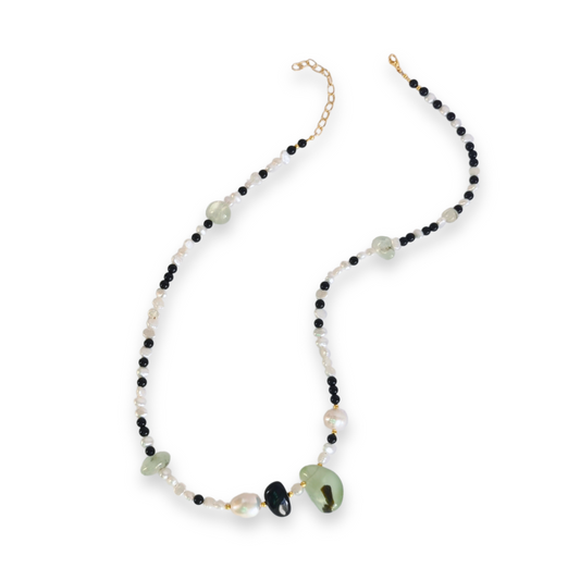 Asymmetrical Semiprecious Gemstone Bead Necklace with Green Prehnite, Black Onyx, White Freshwater Pearls, Gold Vermeil Hardware and Extension Chain