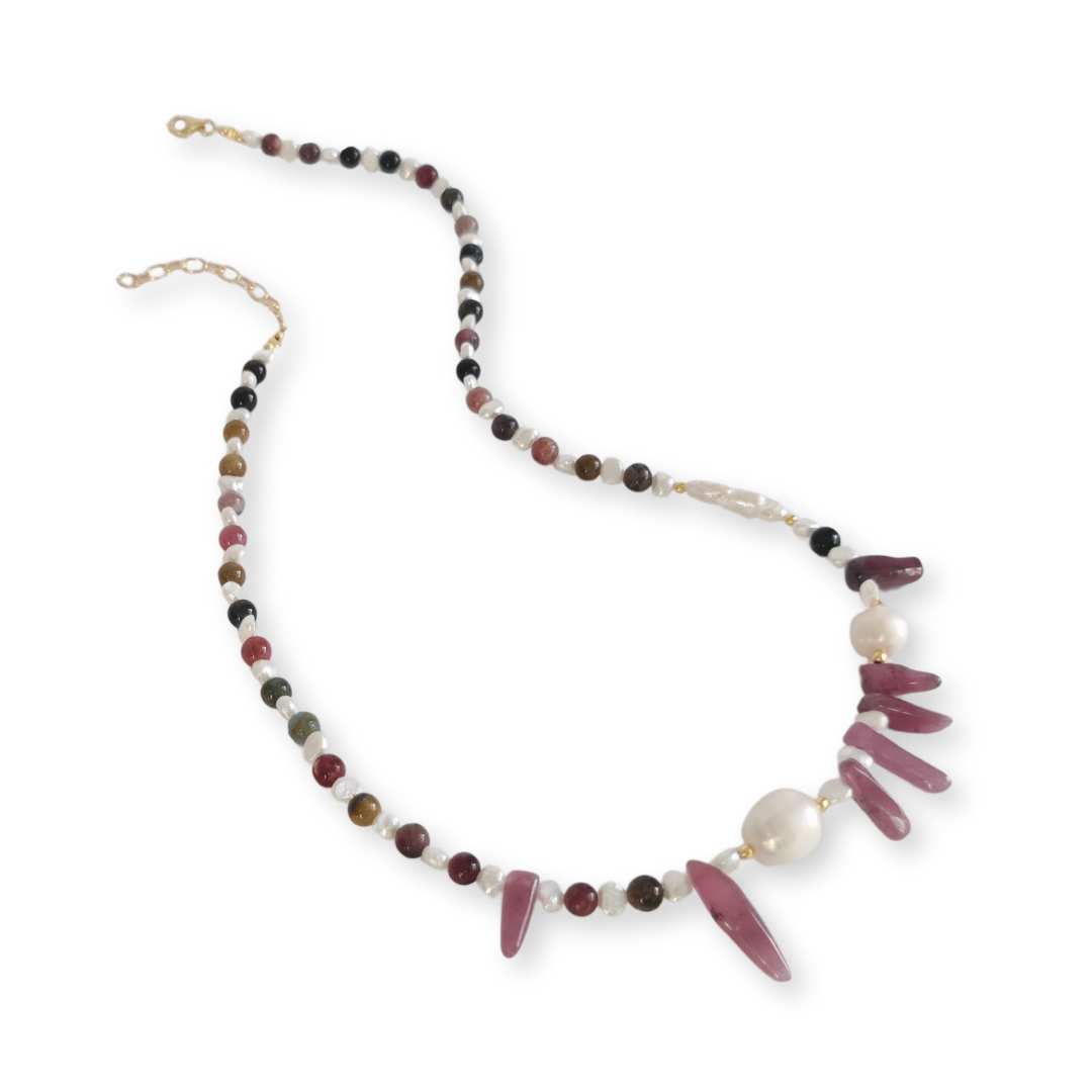 Asymmetrical Semiprecious Gemstone Bead Necklace with Pink Ruby, Multicoloured Tourmaline, Black Tourmaline, Pink Tourmaline, White Freshwater Pearls, Gold Vermeil Hardware and Extension Chain