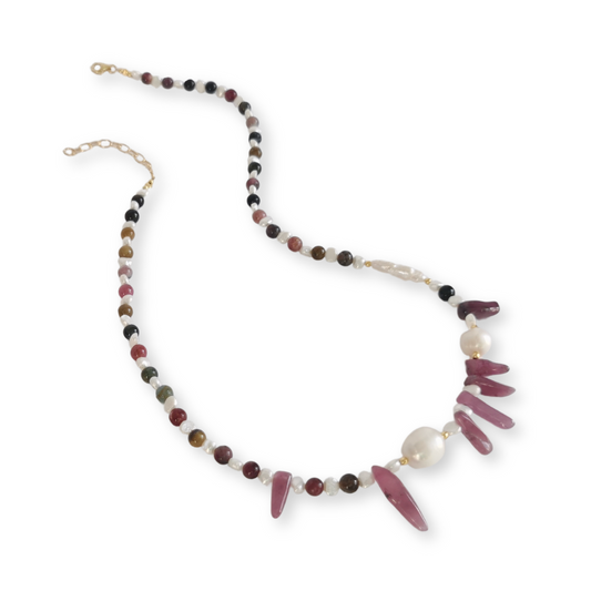 Asymmetrical Semiprecious Gemstone Bead Necklace with Pink Ruby, Multicoloured Tourmaline, Black Tourmaline, Pink Tourmaline, White Freshwater Pearls, Gold Vermeil Hardware and Extension Chain