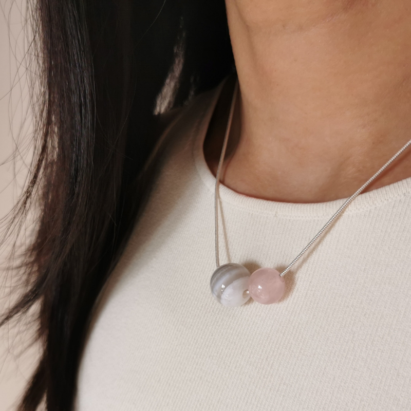 ILO Rose Quartz + Botswana Agate necklace, sterling silver