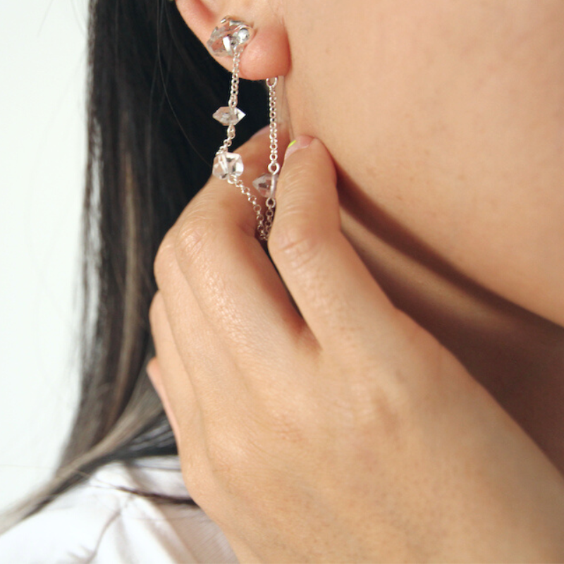 KIIA Herkimer Diamond stud earrings with chain, silver, on model