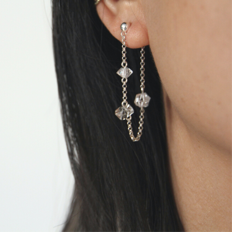 KIIA Herkimer Diamond stud earrings with chain, silver, on model
