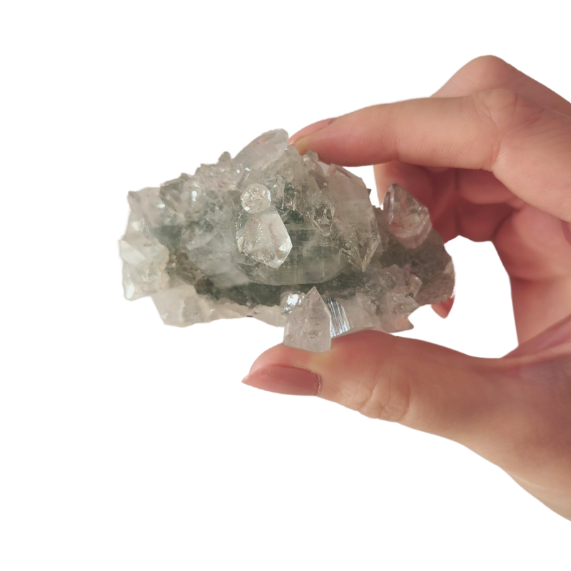 light blue high quality Apophyllite cluster size 70x40mm held by hand