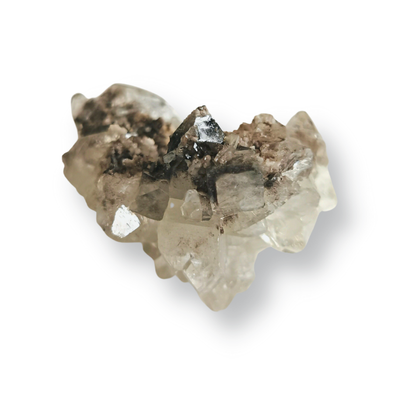 double sided high quality Apophyllite cluster with stilbite frosting purple-brown nude hued on top and clear colour underneath size 60x44mm side view