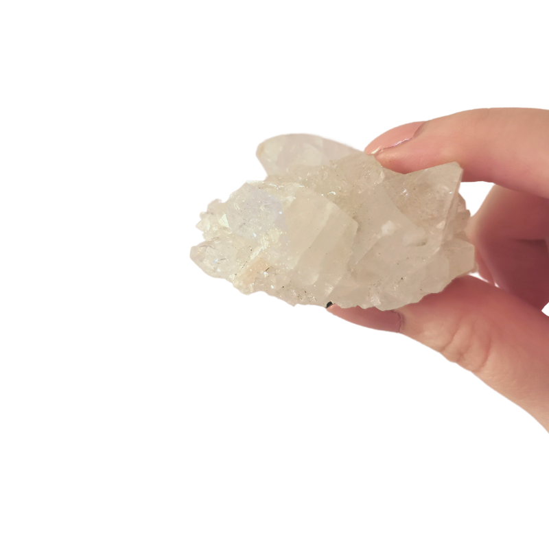 high quality Apophyllite cluster with small and large points all around the except bottom size 63x40mm held by hand side view