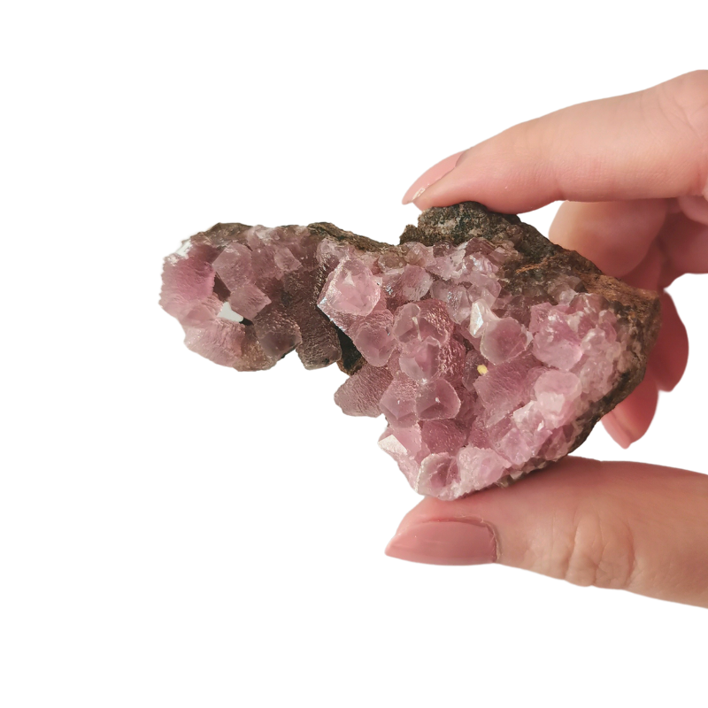 high quality rare hot pink Cobaltoan Calcite cluster 73mm long held by hand