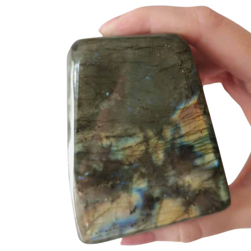 high quality polished multicoloured Labradorite statue held by hand