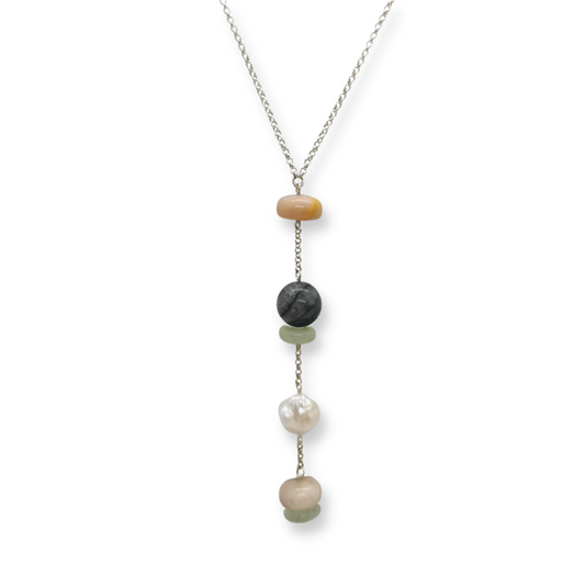 MILJA Aquamarine-Moonstone-Pearl-Picasso Jasper drop necklace, silver