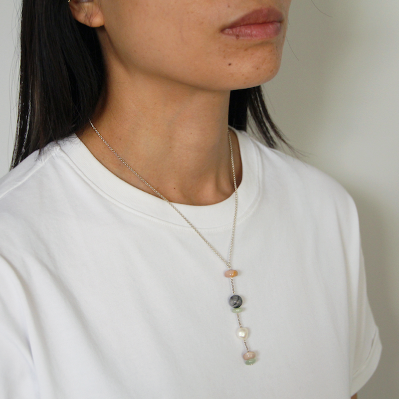 MILJA Aquamarine-Moonstone-Pearl-Picasso Jasper drop necklace, silver
