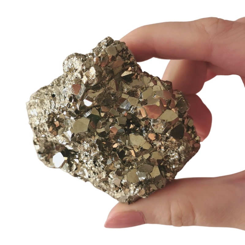 high quality golden brass coloured natural Pyrite cluster held by hand
