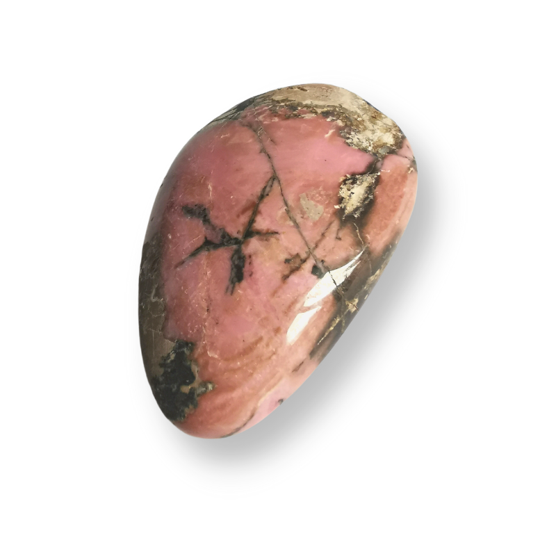 large polished pink and black Rhodonite palm crystal