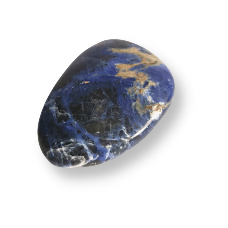 large rounded polished blue, black and white Sodalite palm crystal