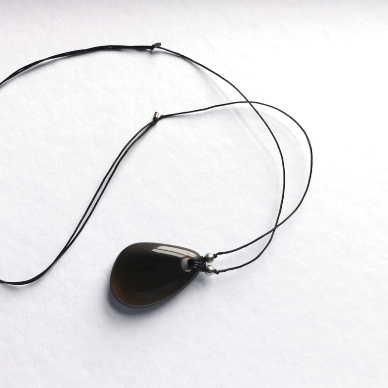 TUOVI Smoky Obsidian Necklace / Choker on Cord with Stainless Steel Beads